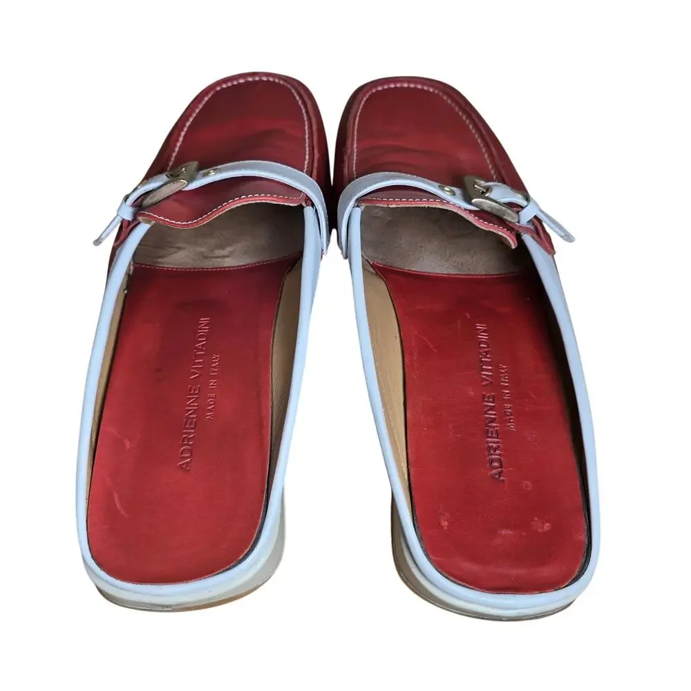 Adrienne Vittadini Mule Slide Slip On Leather Buckle 8.5 Orange White Preppy